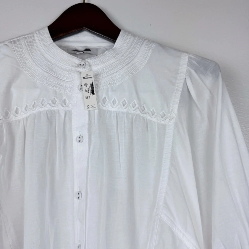 Madewell Puff-Sleeve Band-Collar Lightweight Shirt White Size 10/L NWT